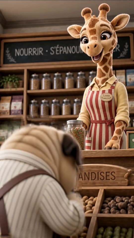 Épisode 1 de Nos Colocs : le carlin et Colette, la nutritionniste, dans la boutique